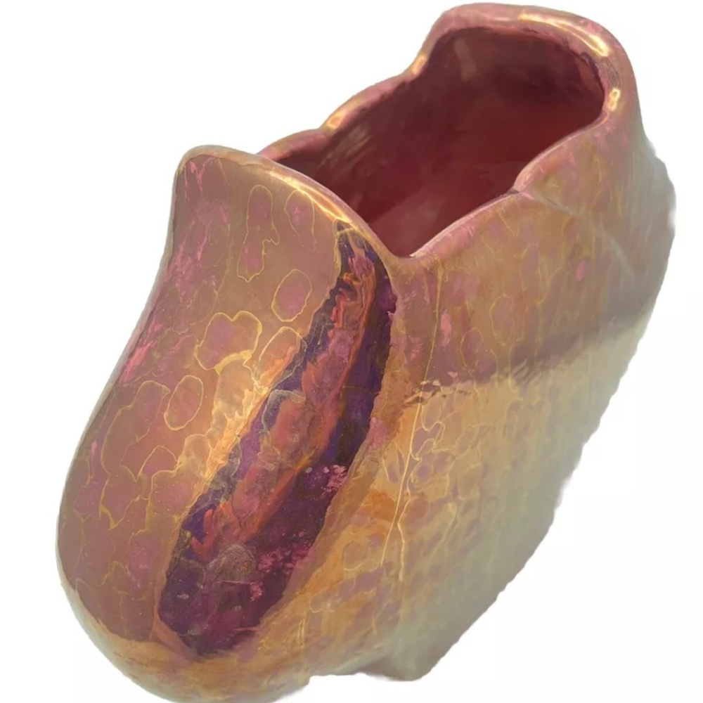 Lusterware Iridescent Glazed Ceramic Vase Planter Pink Gold Accent 8”x10”
